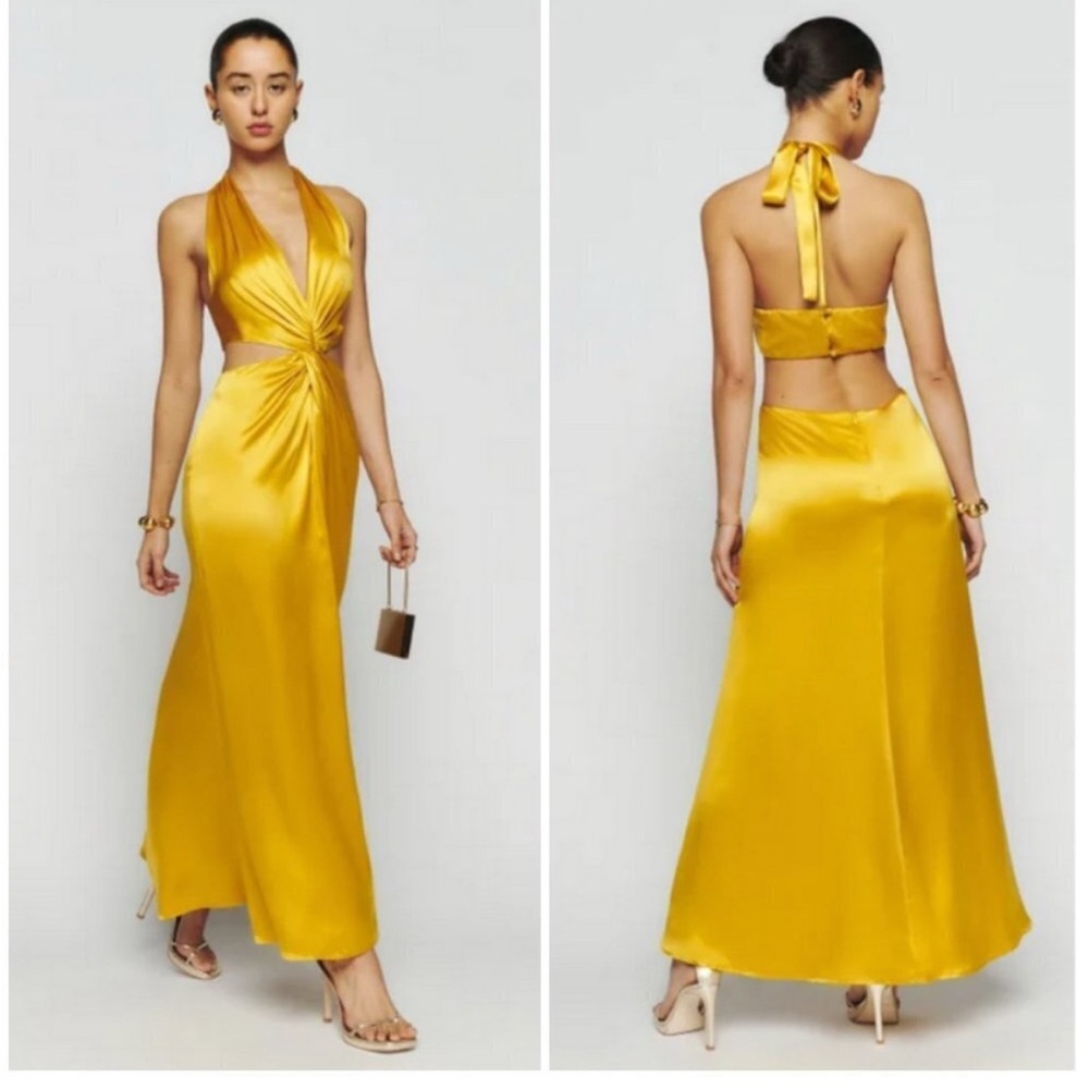 Reformation dress: gold event dress. Halter top (size 4). FRESHLY DRY CLEANED